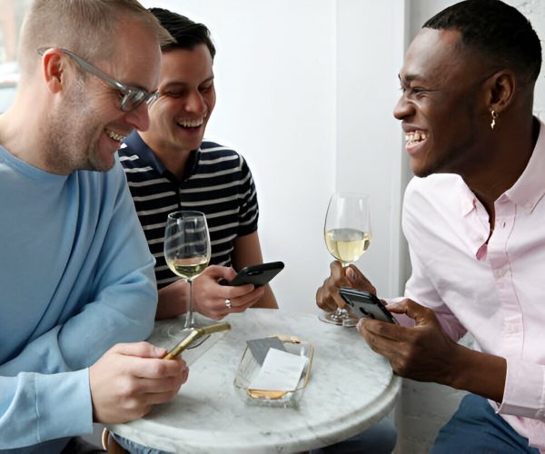 Three men look at a bill in a cafe and divide payment with the PayPulse App